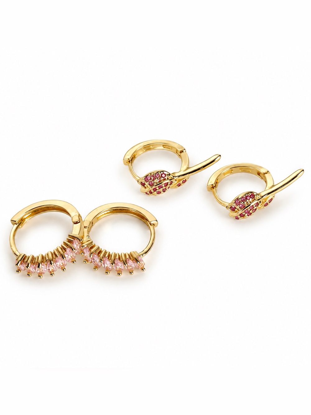 Dainty 18K Gold Plated Pink CZ Huggie Hoop Earrings | Two Pairs